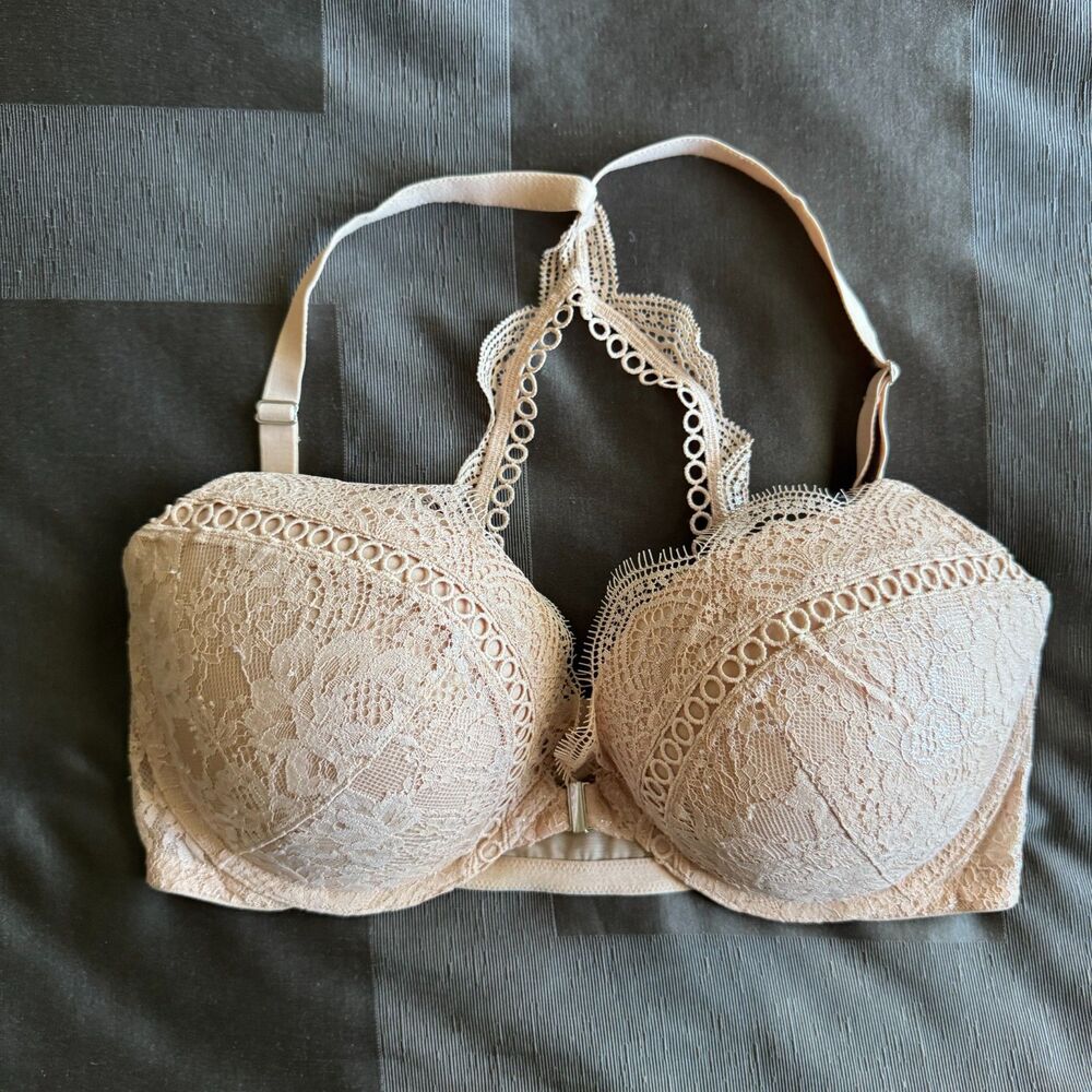 VICTORIA'S SECRET Cream Boho Embroidered Racerback Front Close Push Up Bra 36DD